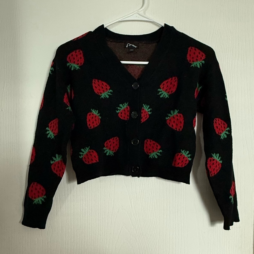 Art Class Black Button Down Sweater with Strawberry Pattern